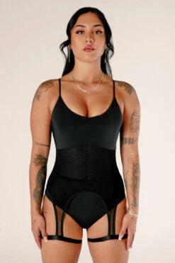 CXIX Baddies Garter Bodysuit - Onyx -Clothing Store BaddiesGarterBodysuitBlackFront2 1