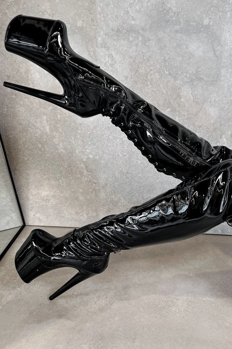 Hella Heels LipKit Thicc Thigh High Back Lace 8inch Boots - Black Beatle 4 Hella Heels LipKit Thicc Thigh High Back Lace 8inch Boots - Black Beatle - Image 2