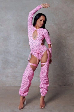 CXIX 119 Plunge Bodysuit - Pink Print -Clothing Store Bodysuit Monogram Dancewear Fashion Pink