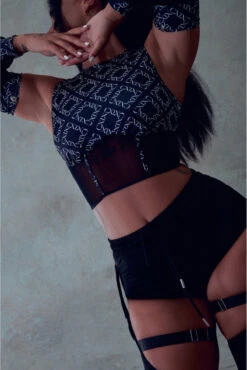 CXIX 119 Corset Top With Sleeves - Black Print -Clothing Store CXIX 119 Polewear black dancewear Corset top