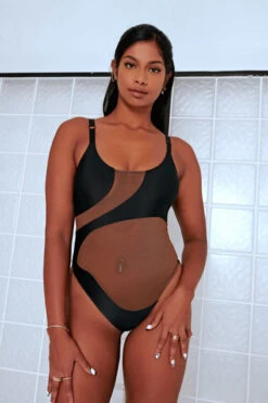 CXIX Silhouette One-Piece Bodysuit - Black With Cocoa Mesh 11 CXIX Silhouette One-Piece Bodysuit - Black With Cocoa Mesh -Clothing Store Cocoa CXIX Shilouette Mesh bodysuit dancewear poledance