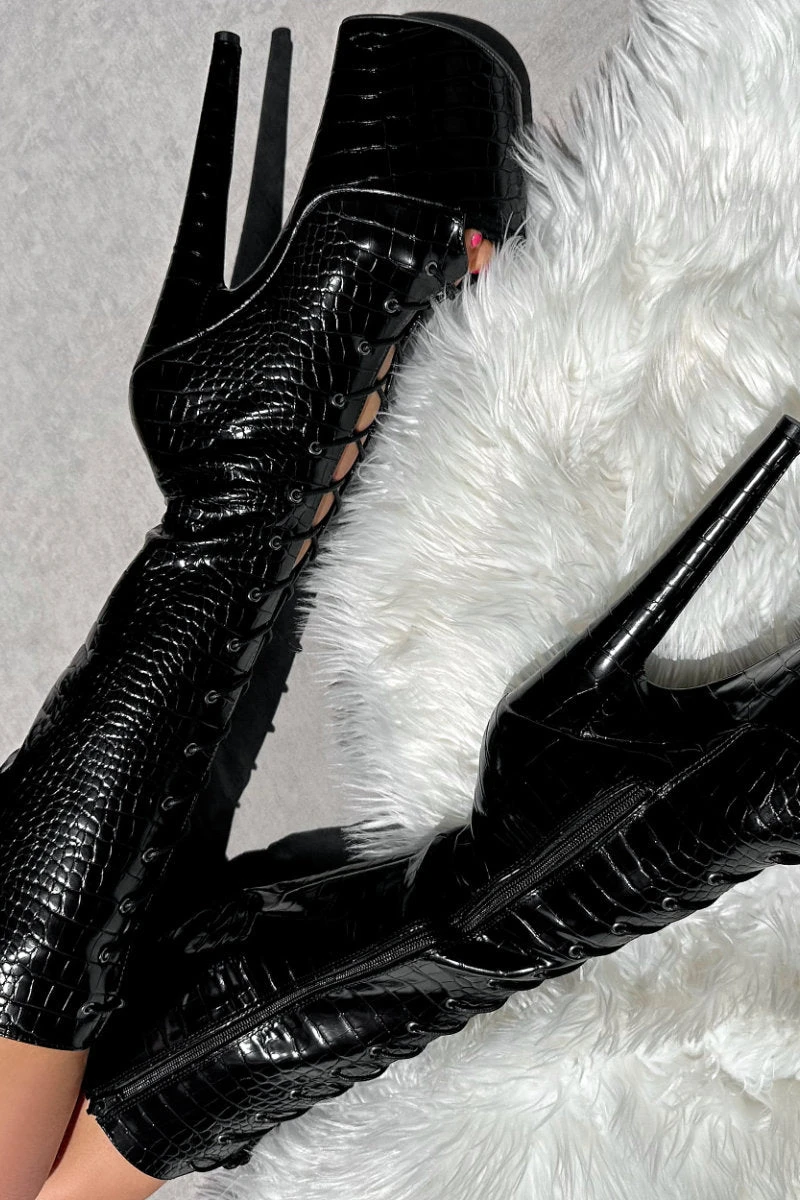 Hella Heels Cold Blooded Black Open Toe Knee High Boots - 8inch 7 Hella Heels Cold Blooded Black Open Toe Knee High Boots - 8inch - Image 5