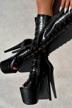 Hella Heels Cold Blooded Black Open Toe Knee High Boots - 8inch
