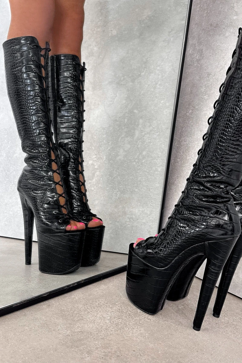 Hella Heels Cold Blooded Black Open Toe Knee High Boots - 8inch 5 Hella Heels Cold Blooded Black Open Toe Knee High Boots - 8inch - Image 3