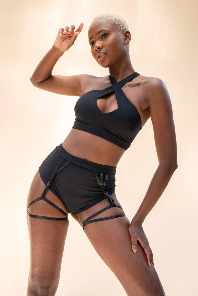 Lunalae Olivia High Waisted Garter Shorts - Recycled Black 3 Lunalae Olivia High Waisted Garter Shorts - Recycled Black
