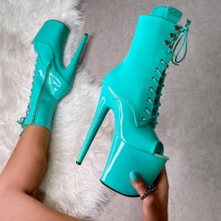 Hella Heels LipKit Open Toe 8inch Boots - Minted -Clothing Store Minted8InchOpenTieCloseUp