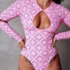 CXIX 119 Plunge Bodysuit - Pink Print -Clothing Store Pink with Pattern Streetwear Dance 119