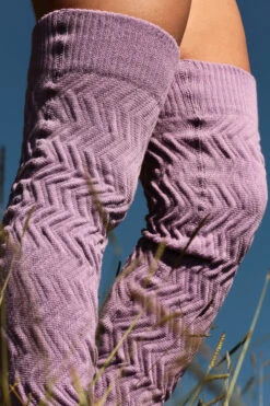Rolling Cable Knit Thigh High Leg Warmers With Stirrups - Lavender -Clothing Store Rolling 1993