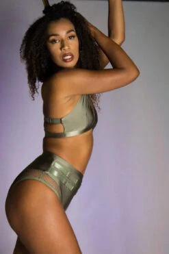 Tatiana Activewear Isla Shorts - Shiny Khaki -Clothing Store Tatiana Active Isla Shiny Khaki High Waisted Mesh Low Cut Pole Wear Set 2 2