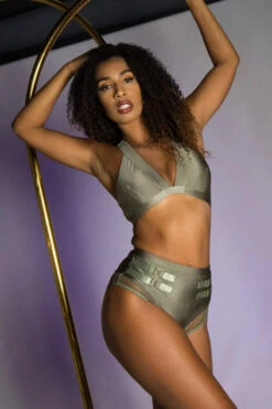 Tatiana Activewear Isla Shorts - Shiny Khaki -Clothing Store Tatiana Active Isla Shiny Khaki High Waisted Mesh Low Cut Pole Wear Set 2 3