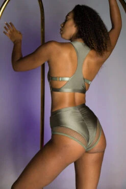 Tatiana Activewear Isla Shorts - Shiny Khaki -Clothing Store Tatiana Active Isla Shiny Khaki High Waisted Mesh Low Cut Pole Wear Set 2 4