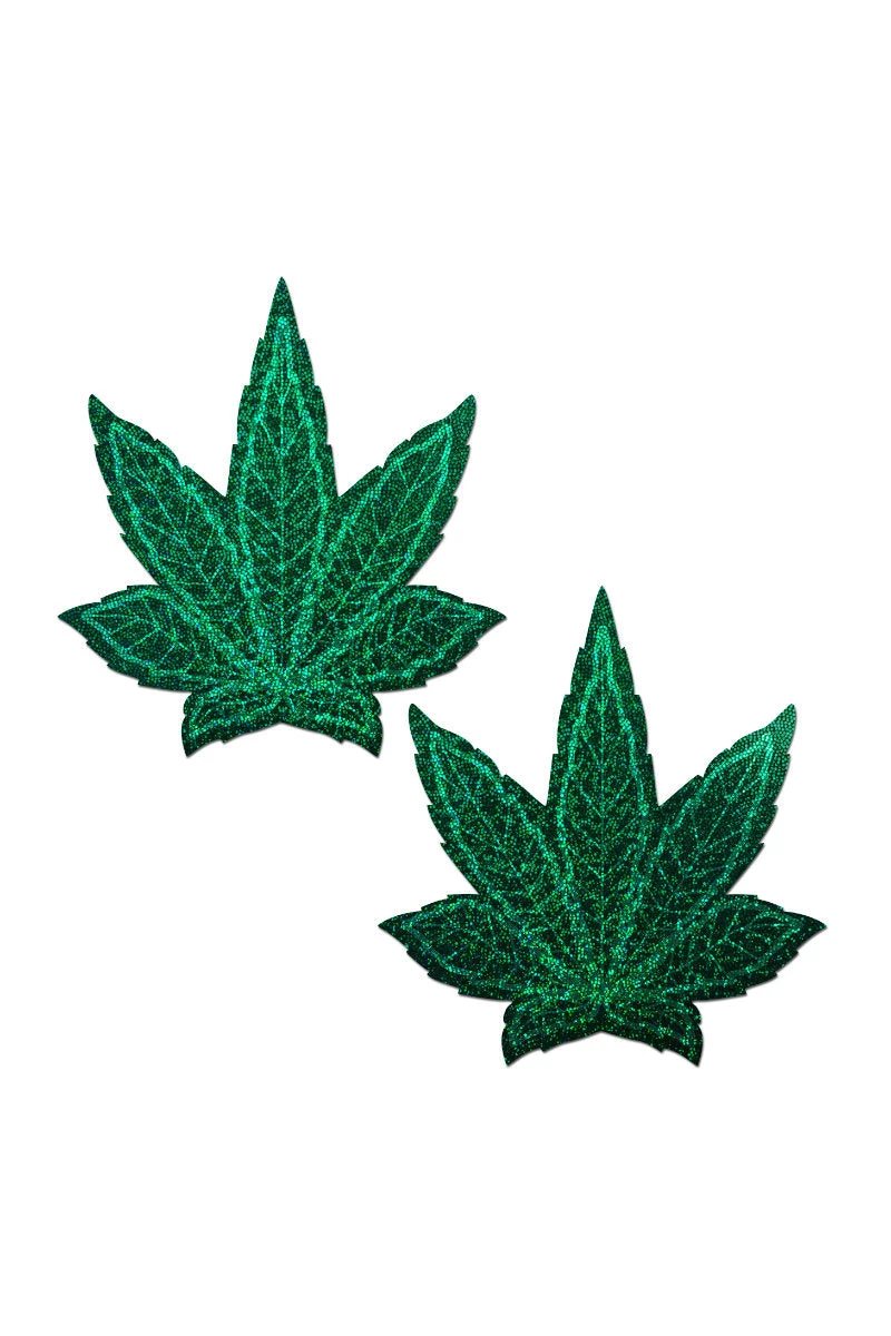 Pastease Indica Pot Leaf Nipple Pasties - Green Glitter 3 Pastease Indica Pot Leaf Nipple Pasties - Green Glitter