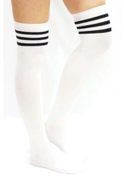 Lunalae Thigh High Socks - White/Black -Clothing Store white sock black stripe side
